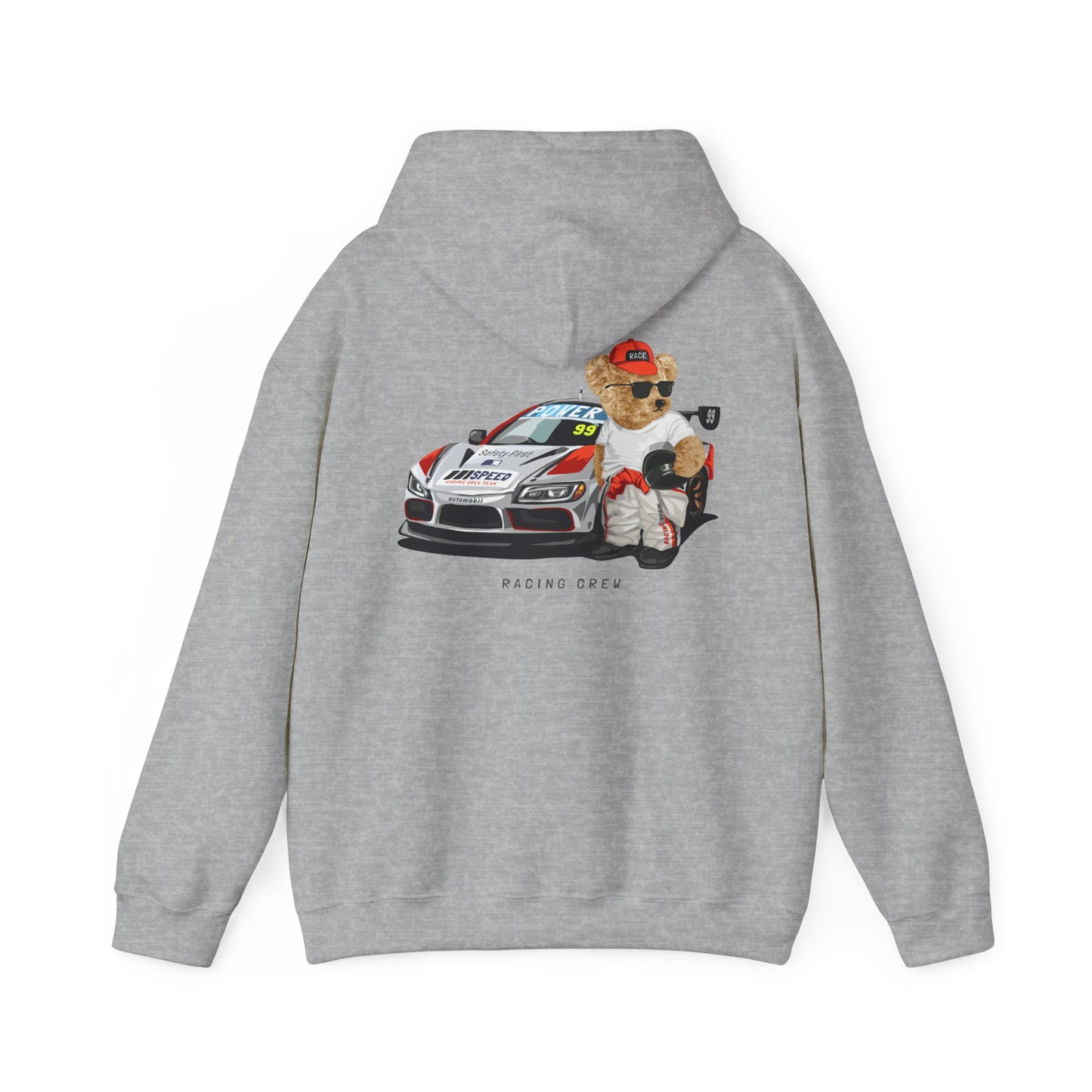 Premium grey hoodie with a vibrant illustration of a teddy bear racer next to a modern race car, tailored for those who appreciate unique fashion.