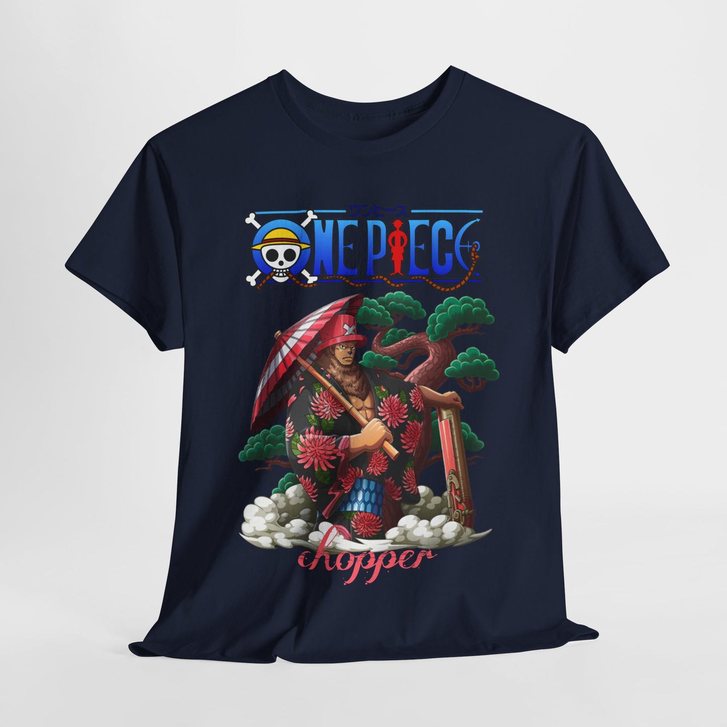 Refined navy blue t-shirt with an intricate One Piece Chopper design, draped gracefully, ideal for statement fashion in anime culture.