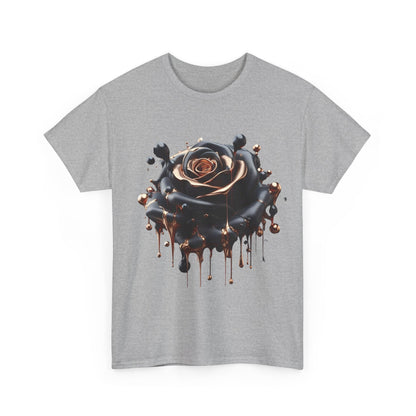 Front view of a gray Close-Up Abstract Rose Unisex Cotton Tee Graphic T-Shirt featuring a striking black rose design with flowing bronze elements, ideal for those who appreciate art in fashion.