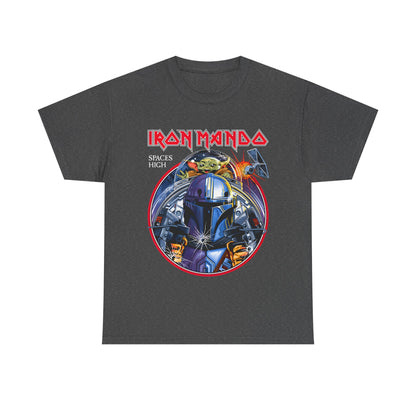 Chic Iron Mando Graphic Tee in dark grey, displaying a detailed Mandalorian graphic alongside a charming child-like character, perfectly blending high-end style with geek culture.