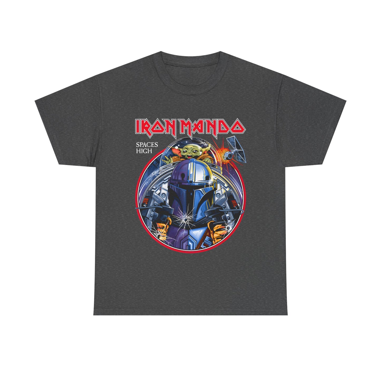 Iron Mando Star Wars Graphic Unisex Tee showcasing luxurious fabric and intricate Mandalorian design, featuring a powerful figure in detailed armor and iconic motifs.