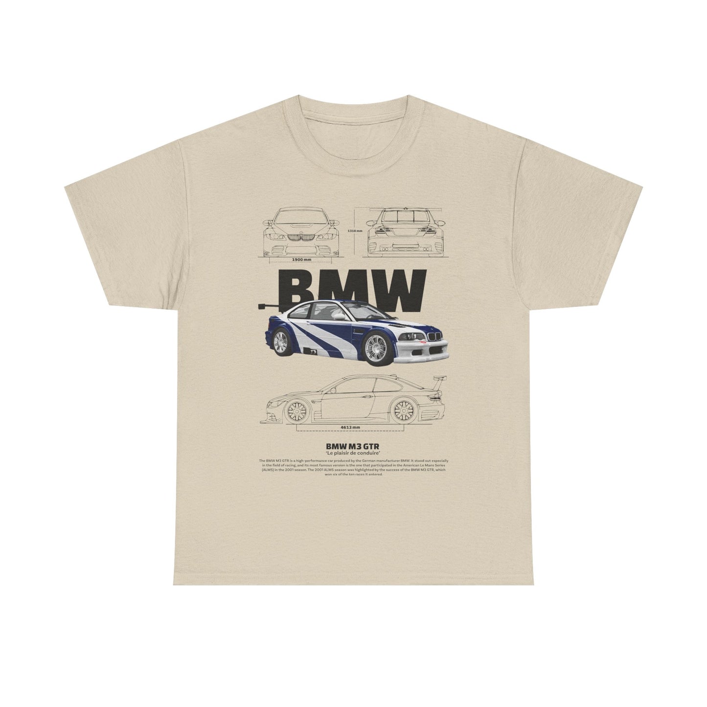 Luxurious BMW M3 GTR men's T-shirt showcasing bold graphics and detailed technical sketches in cream colour, perfect for car enthusiasts.
