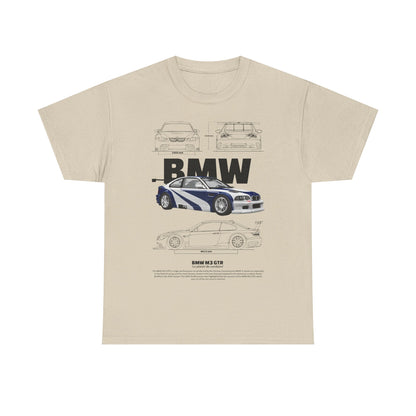 Luxurious BMW M3 GTR men's T-shirt showcasing bold graphics and detailed technical sketches in cream colour, perfect for car enthusiasts.
