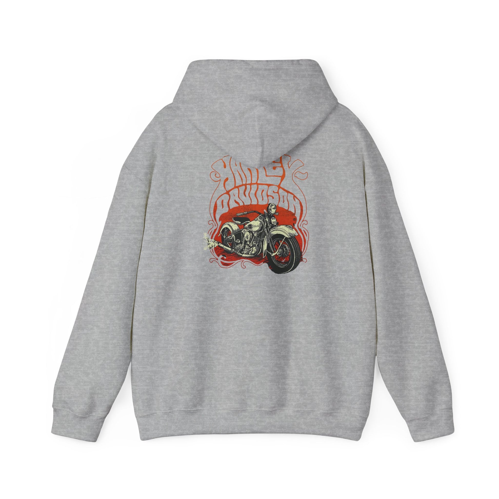 Chic grey hoodie adorned with a striking Harley Davidson motorcycle graphic, blending style with an adventurous spirit.
