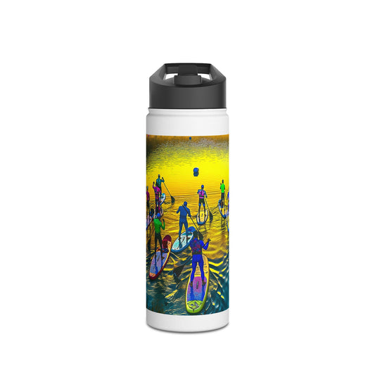 Elegant Fantasy Paddleboarding Stainless Steel Water Bottle showcasing an artistic paddleboarding design with vivid colours reflecting on the water, ideal for hydration on adventures.