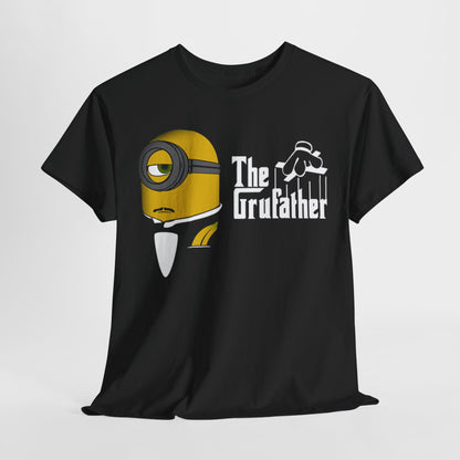 The Grufather Minions Godfather mockup Unisex Men´s Women´s Graphic T Shirt Tee showcasing a humorous minion character in a tuxedo against a black background, ideal for anyone who loves funny Minions designs.