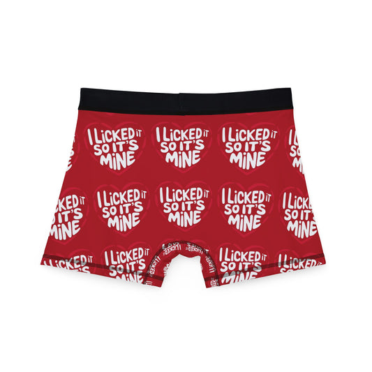 Valentines Naughty Cheeky Men's Boxer Briefs featuring a bold and humorous design with the phrase "I LICKED IT SO IT'S MINE" in playful heart graphics, ideal for romantic occasions.
