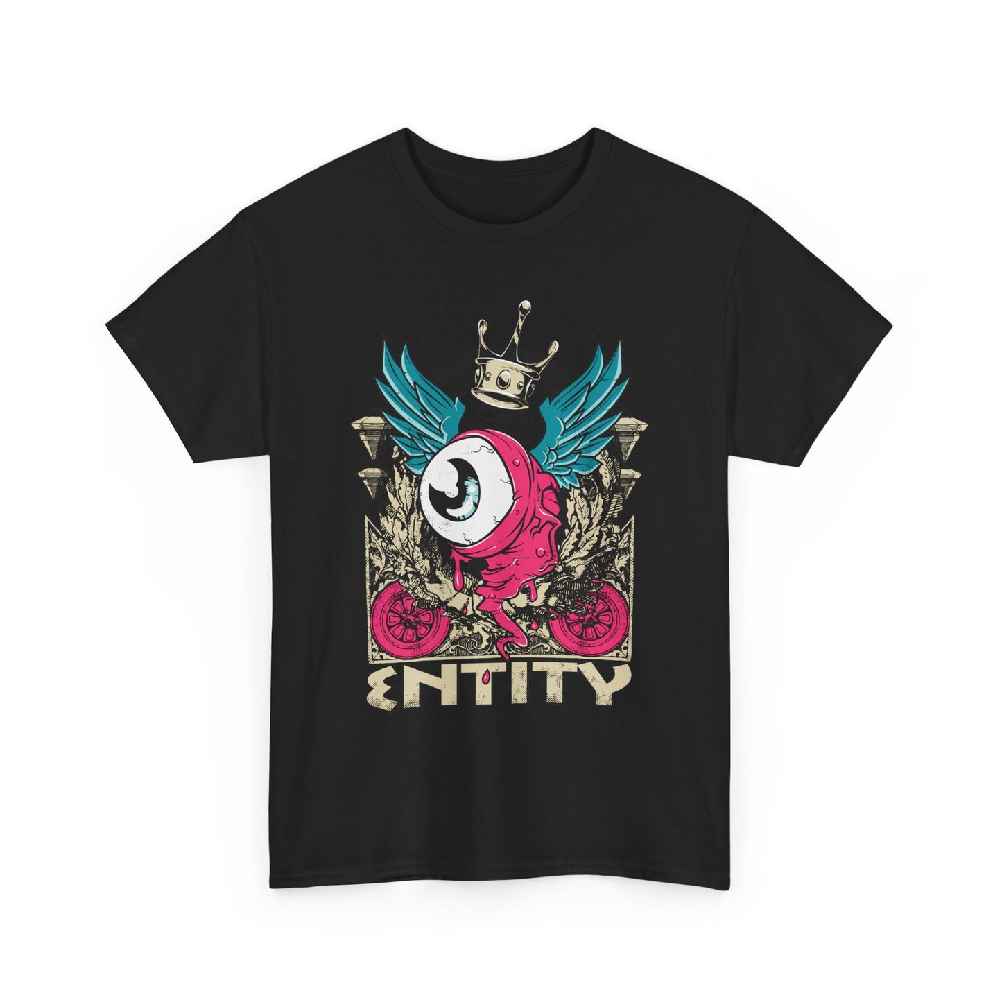 Distinctive black t-shirt with an intricate graphic design of a grotesque eye with teal wings and a crown, embodying unique streetwear aesthetics.