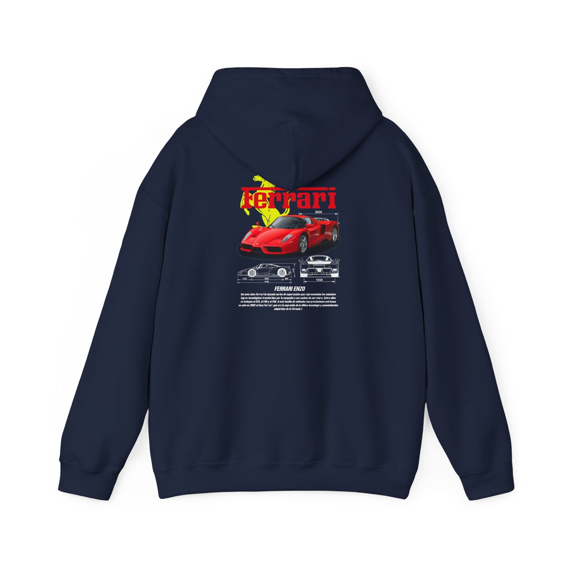 Luxurious navy hoodie featuring an eye-catching graphic of a Ferrari Enzo on the back, designed for car enthusiasts and collectors.