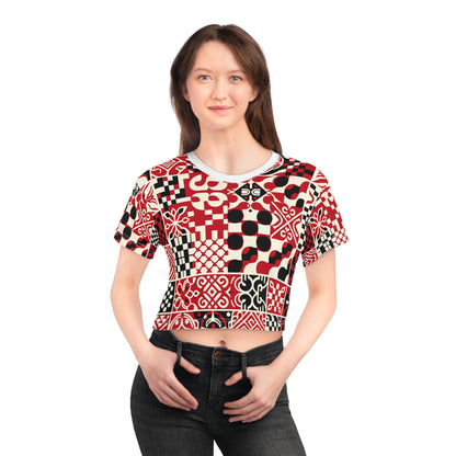 Valentina Rialto Vibrant Red Checkerboard Crop Top by Dazzling Dreams Studio showcasing a modern art-inspired design in silky soft polyester, perfect for adding a luxury touch to your outfit.