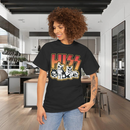 Fashionable HISS Cats Rock Band graphic t-shirt worn by model in a modern kitchen, blending luxury and playful charm with cat motifs and bold graphics.