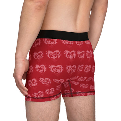 Valentine's Naughty Cheeky Men's Boxer Briefs featuring the playful slogan 'I LICKED IT SO IT'S MINE' inside heart graphics, perfect for adding a humorous touch to romantic occasions like birthdays and anniversaries.