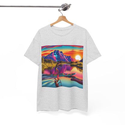 Dazzling Dreams Studio’s Luxury Paddleboarding Scene Graphic T-Shirt displayed in various sizes, emphasising the range of fits for water enthusiasts.