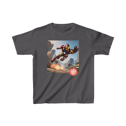 Kids Iron Man Printed Heavy Duty T-Shirt highlighting Iron Man's striking image on dark grey background - available in 16 vibrant colours.