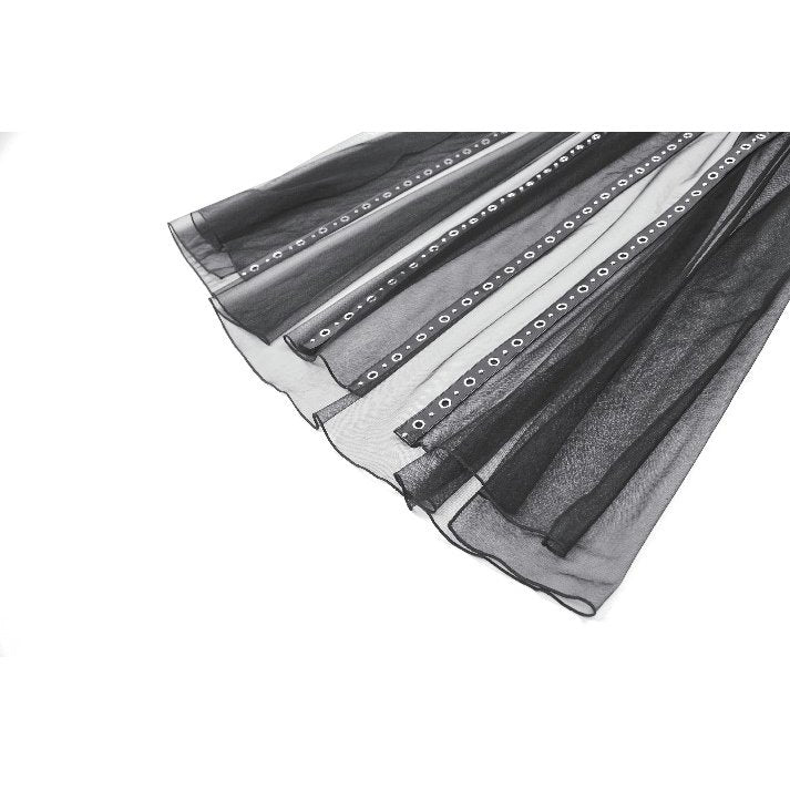 Elegant dark in love gothic sheer mesh maxi skirt showcasing PU corset belt with eyelet detailing, designed for a high-waisted silhouette.