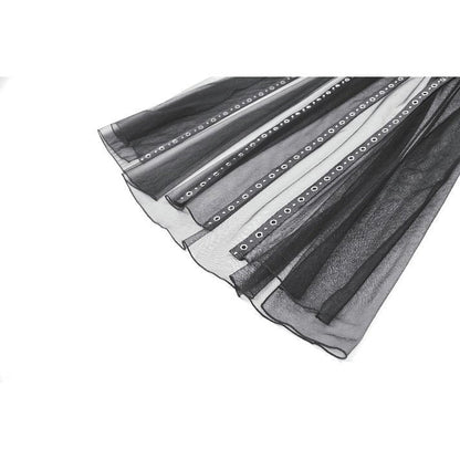 Elegant dark in love gothic sheer mesh maxi skirt showcasing PU corset belt with eyelet detailing, designed for a high-waisted silhouette.