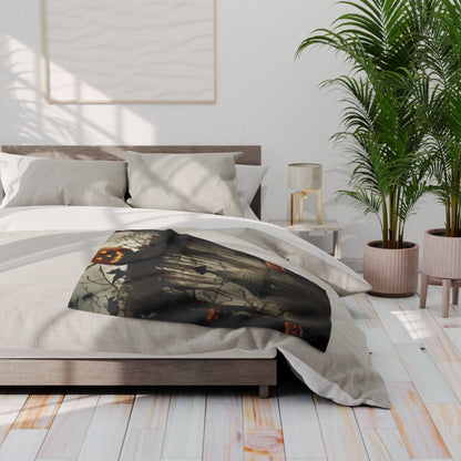 Elegant view of the Decorative and Warm Halloween Spooky Arctic Fleece Blanket on a contemporary bed, radiating festive charm.