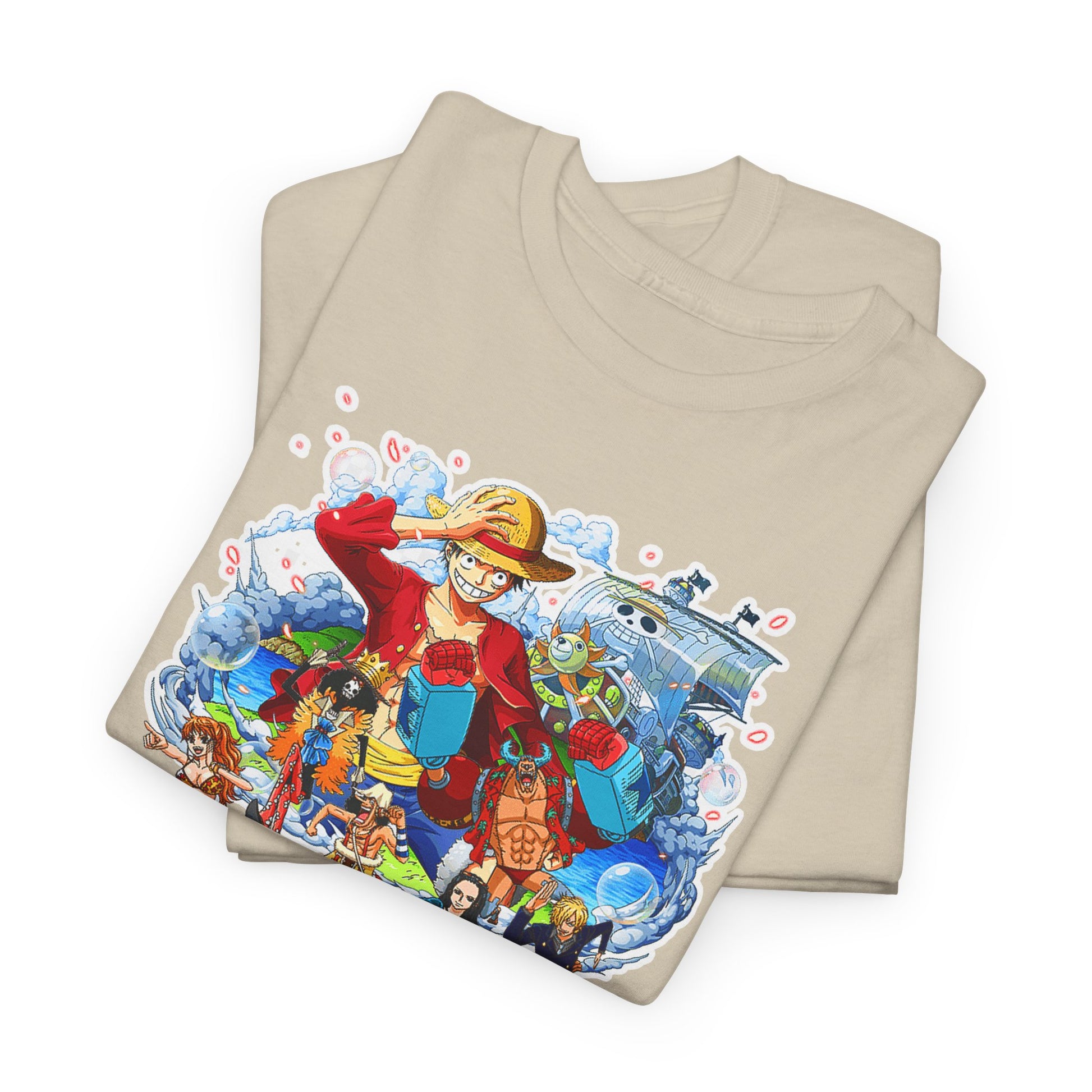 Stylish folded beige t-shirts showcasing vivid anime character artwork, elegantly displayed for a luxury apparel appeal.