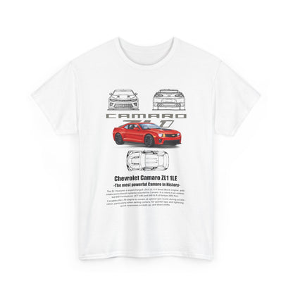 Stylish white Chevrolet Camaro ZL1 1LE T-shirt featuring striking graphics and intricate designs, perfect for showcasing automotive passion.