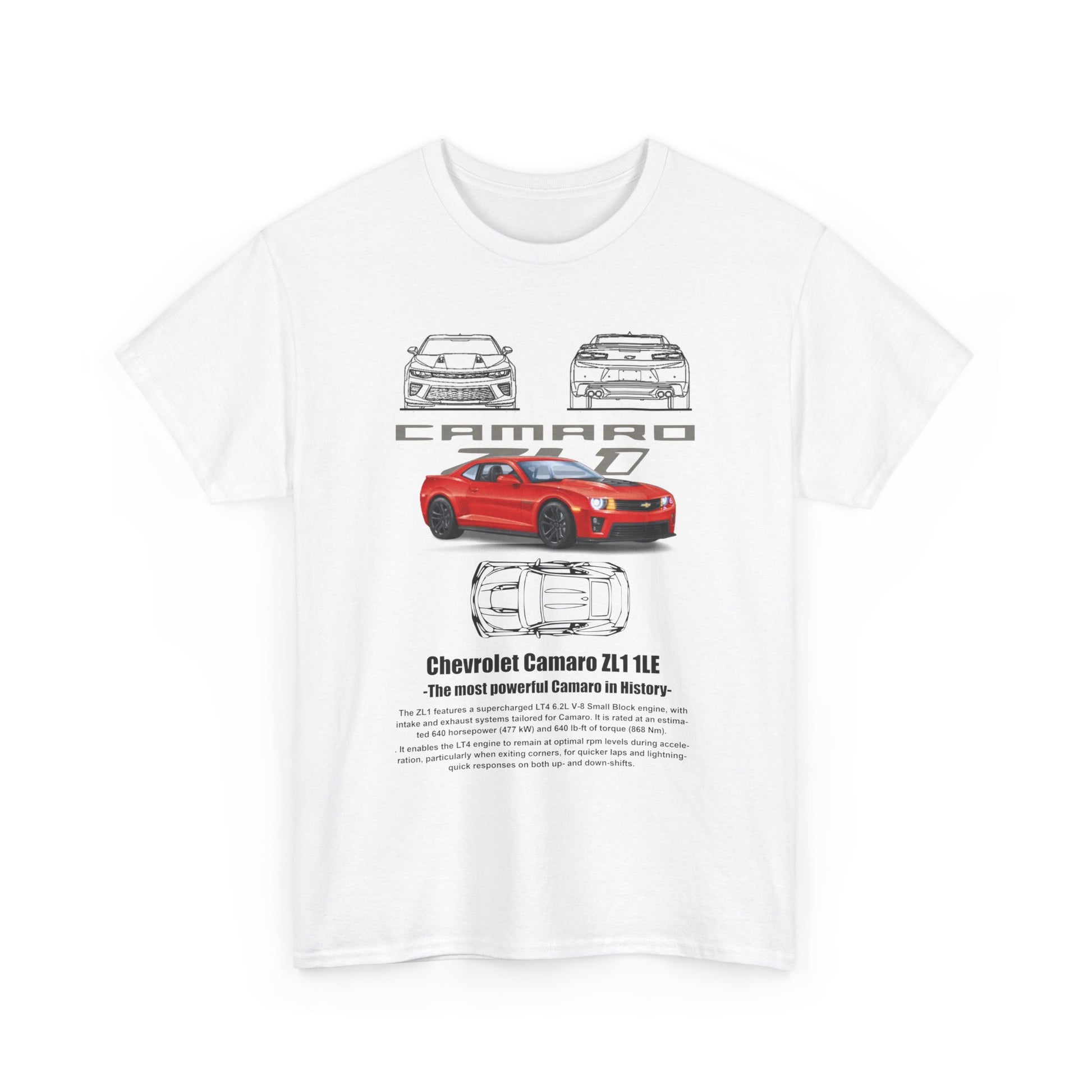 Stylish white men’s t-shirt featuring the striking Chevrolet Camaro ZL1 1LE design, showcasing the legendary car’s details and performance.