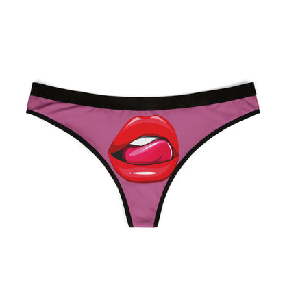 Chic women's thong showcasing a striking design of red lips with a teasing pink tongue, ideal for playful gifting on Valentine's Day or special anniversaries.