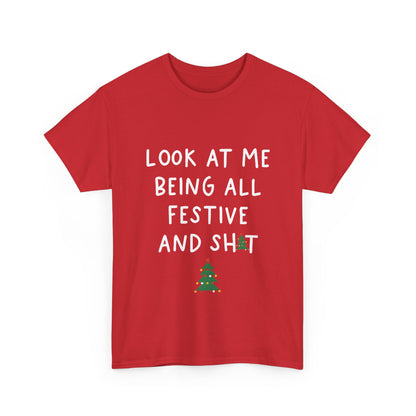 Front view of a Sarcasm Xmas Christmas Graphic T-Shirt in red with a humorous festive print, designed for both men and women.