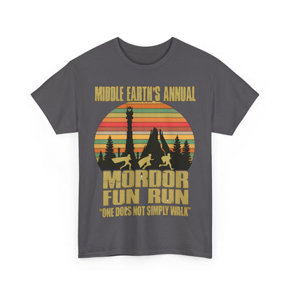 Chic front display of the Mordor Annual Fun Run Tolkien Graphic Unisex Tee Shirt, featuring a bold design that celebrates the legacy of Tolkien.