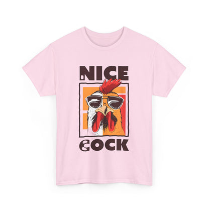 Front view of the Unisex Nice Cock Graphic Tee showcasing a vibrant cartoon chicken design with sunglasses. A comfortable and stylish choice for any occasion.