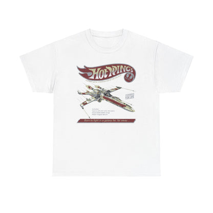 Hot Wings Starfighter T-Shirt: An elegant white cotton tee showcasing a retro graphic of the legendary Rebel spacecraft, blending style and fandom for space enthusiasts.