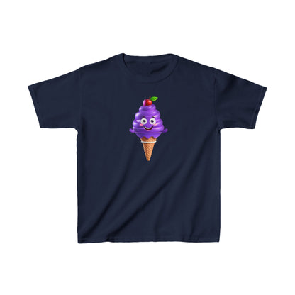 Child's Unisex Delighted Ice Cream Graphic Cotton Tee in navy colour, featuring a playful purple ice cream character with a cherry on top, perfect for stylish young gamers.