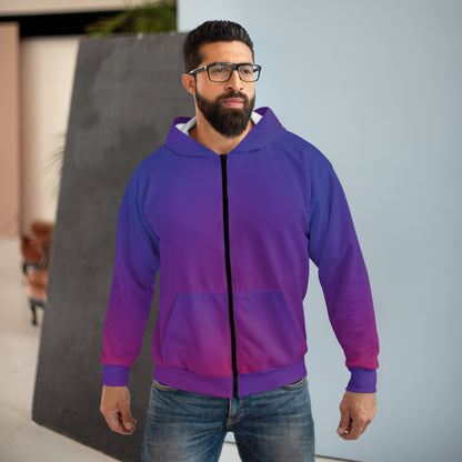 Man wearing the Unisex Zip Up Hoodie Hooded Sweatshirt in a trendy blue and purple gradient, exuding style and sophistication in a modern indoor setting.