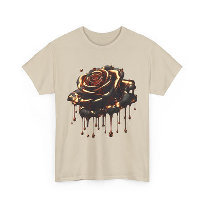 Close-Up Abstract Rose Unisex Cotton Tee Graphic T Shirt in beige, highlighting a stunning rose artwork with flowing molten elements.