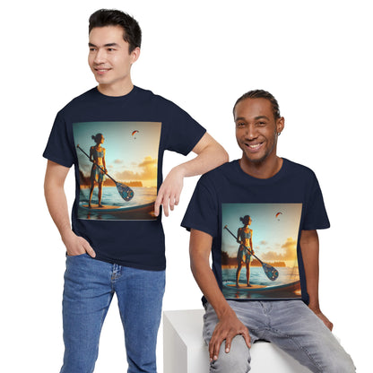 Delightfull Paddle Board Scene T-Shirt featuring a vibrant paddleboarding graphic, designed by Dazzling Dreams Studio for water sport enthusiasts.