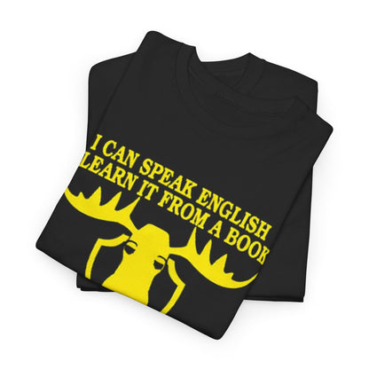 Fawlty Towers Funny Mens Womens Graphic T-Shirt displayed in a folded view, featuring the humorous text 'I CAN SPEAK ENGLISH I LEARN IT FROM A BOOK' in vibrant yellow against a black background, a stylish addition to casual wardrobes.
