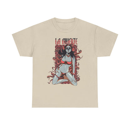 Sophisticated beige graphic t-shirt featuring a unique La Muerte sugar skull design, highlighting a poised figure in vibrant red lingerie amidst lush, intricate borders.