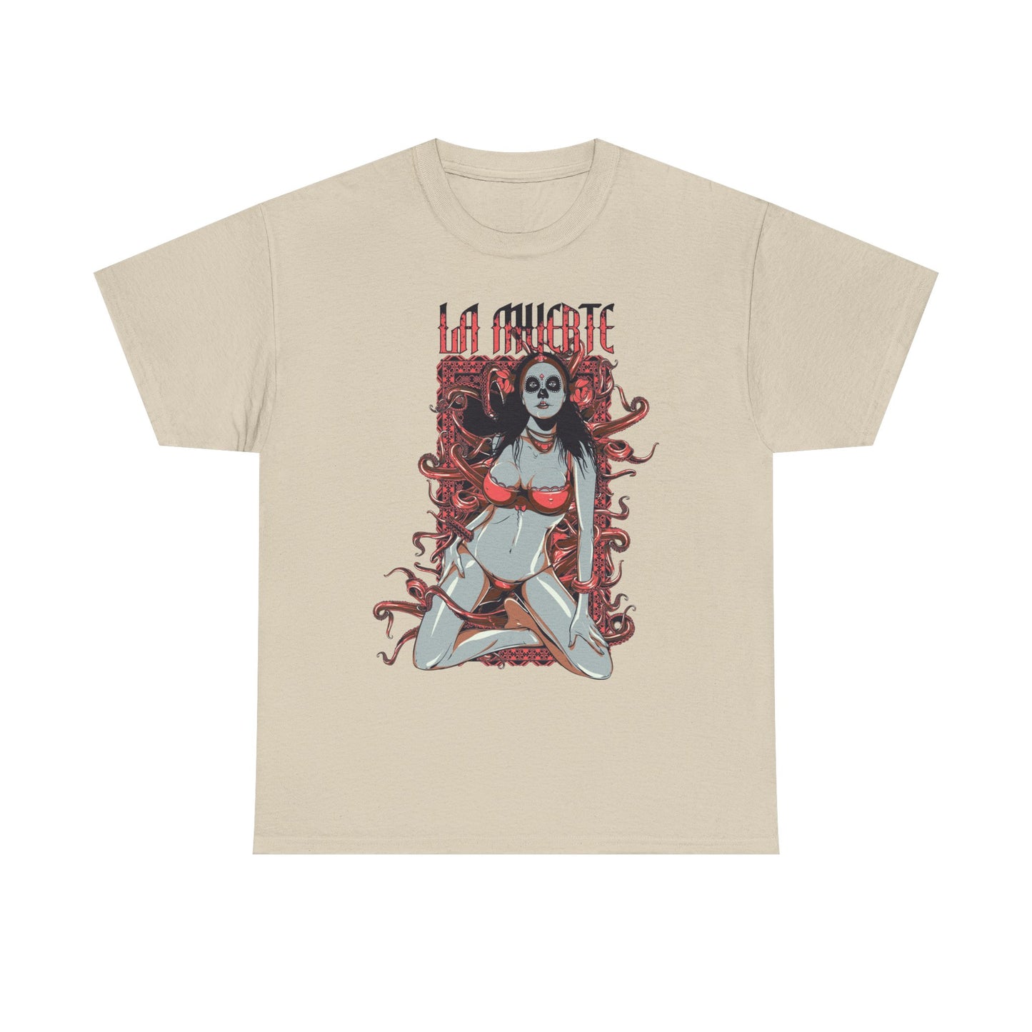 Men's chic beige t-shirt displaying an enchanting La Muerte graphic, featuring a seductive female figure in red lingerie, entwined with intricate designs and ornate patterns.