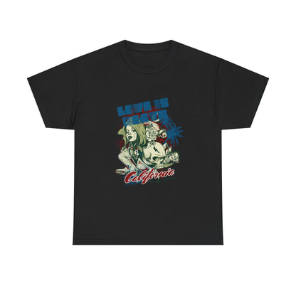 Luxurious black men's t-shirt featuring a striking graphic design of a female figure with 'LOVE IS DEATH' text, palm trees, and a skull, embodying bold gothic aesthetics.
