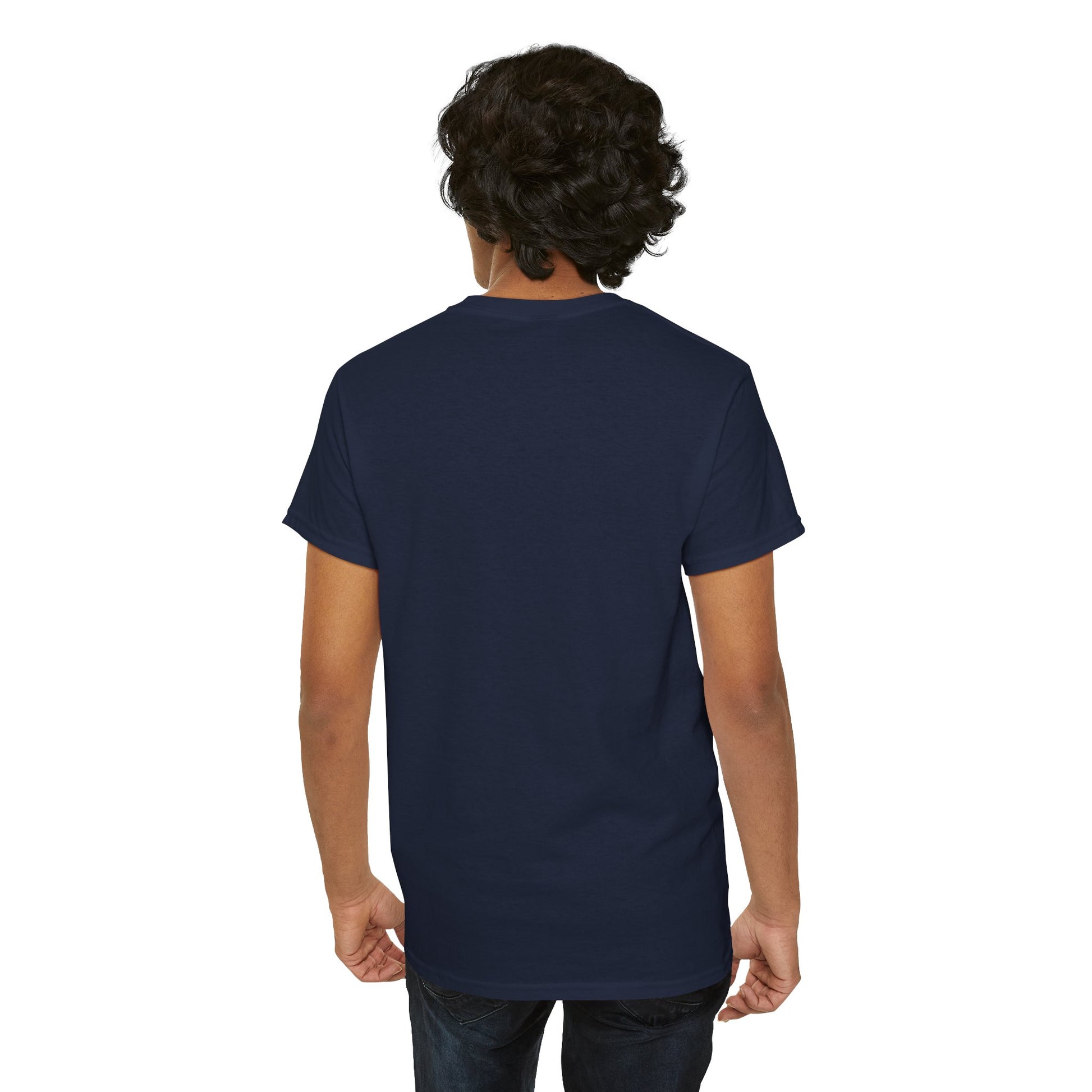 View of the back side of a model wearing a navy blue T-shirt, highlighting the stylish design and fit of the 'WORST GENERATION' apparel, crafted for comfort.