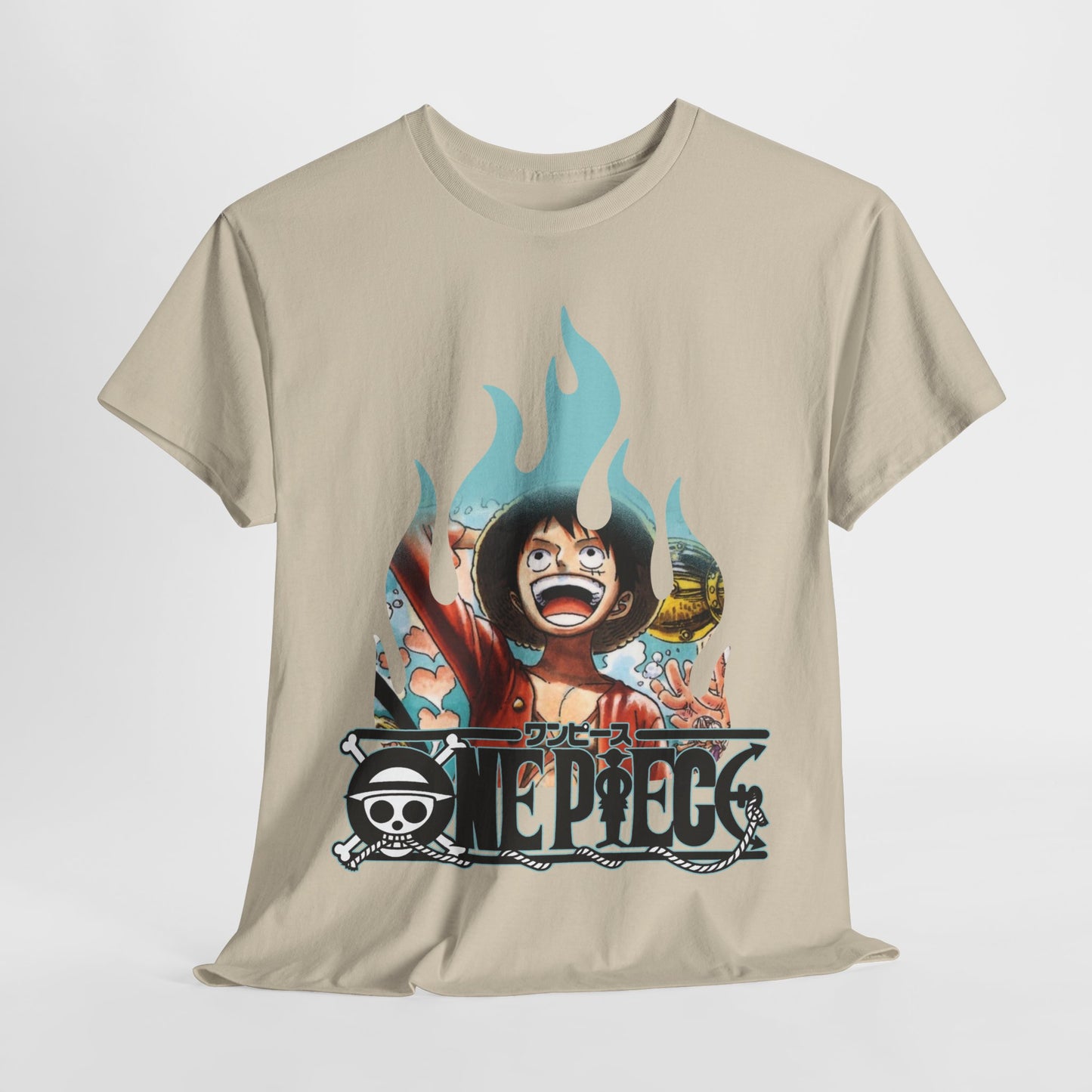 Elegant presentation of a men's beige graphic t-shirt, showcasing dynamic artwork of a character with bold colours and stylish logo, ideal for fashion enthusiasts.