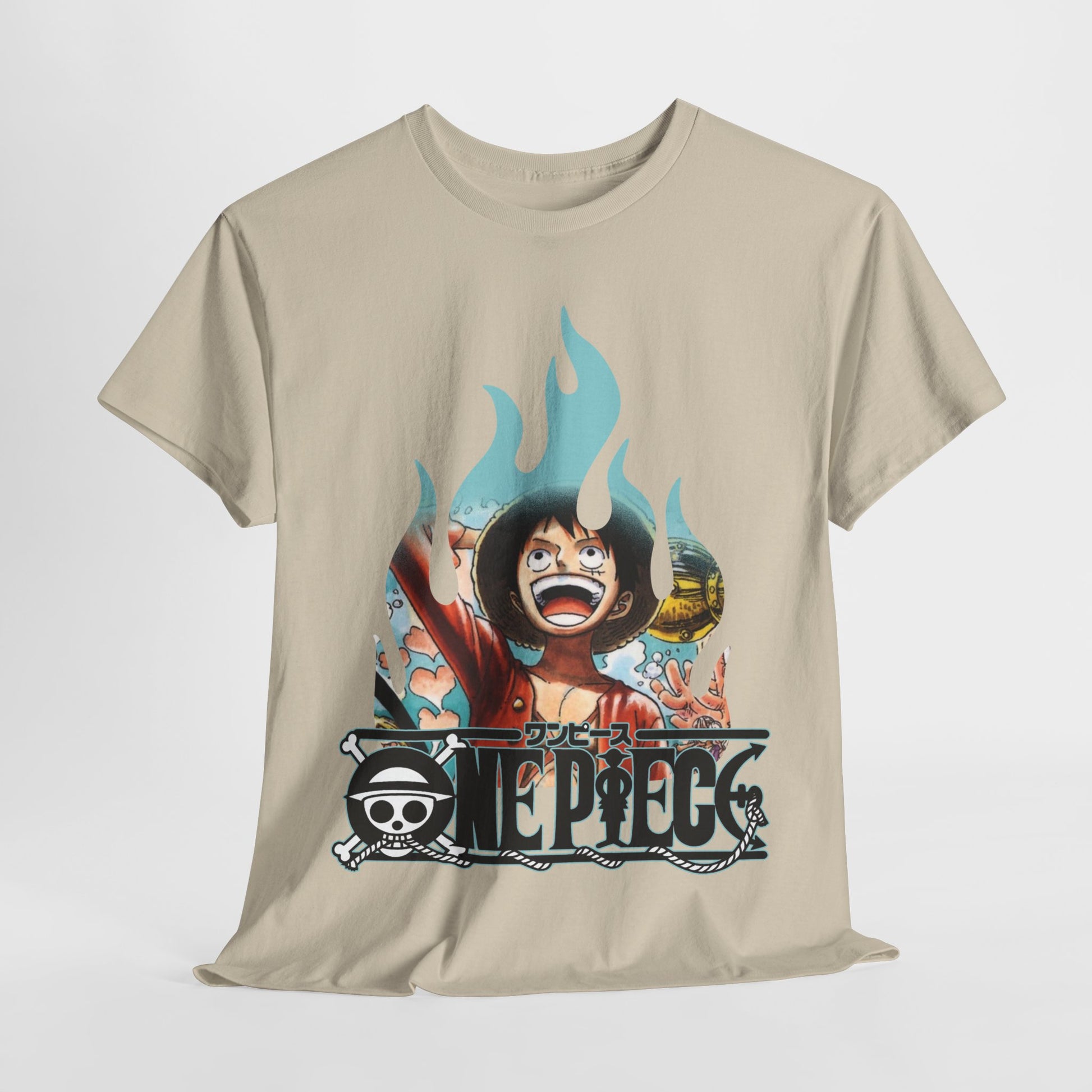 Elegant presentation of a men's beige graphic t-shirt, showcasing dynamic artwork of a character with bold colours and stylish logo, ideal for fashion enthusiasts.