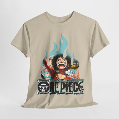 Elegant presentation of a men's beige graphic t-shirt, showcasing dynamic artwork of a character with bold colours and stylish logo, ideal for fashion enthusiasts.