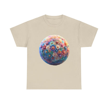 Iridescent Floral Sphere Unisex Cotton Tee Graphic T Shirt in beige, displaying a luxurious floral sphere design, ideal for both everyday chic and upscale events.