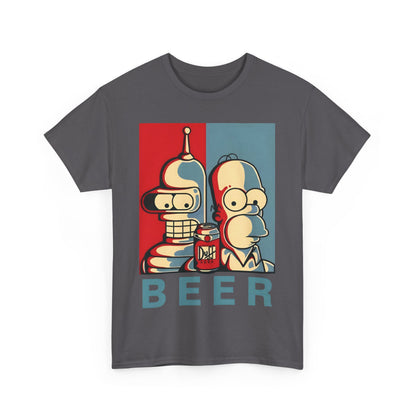 Elegant Bender and Homer Beer Graphic T-Shirt, showcasing iconic characters in a vibrant design, perfect for urban unisex style.