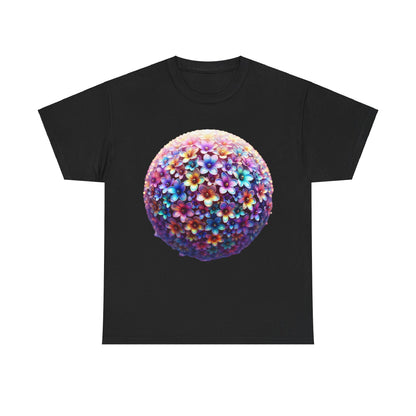 Iridescent Floral Sphere Unisex Cotton Tee Graphic T-Shirt featuring a stunning floral sphere design in vibrant colours on a black background, embodying luxury and artistic style.