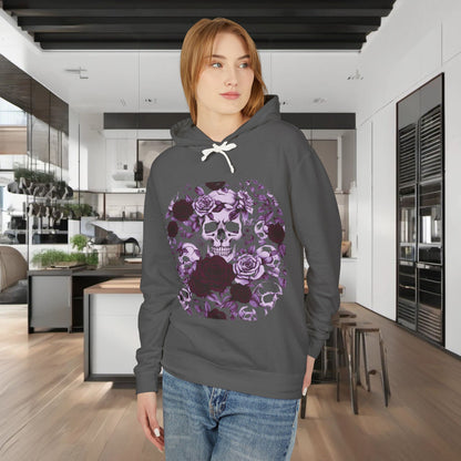 Unisex Lightweight Hooded Sweatshirt featuring a unique designer skull and roses motif, modelled by a stylish individual in a modern kitchen setting, exuding luxury and edgy charm.