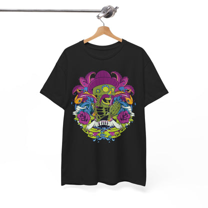 Elegant black t-shirt displayed on a hanger showcasing a colourful skeleton graphic, adorned with koi fish and floral accents, ideal for unique style enthusiasts.