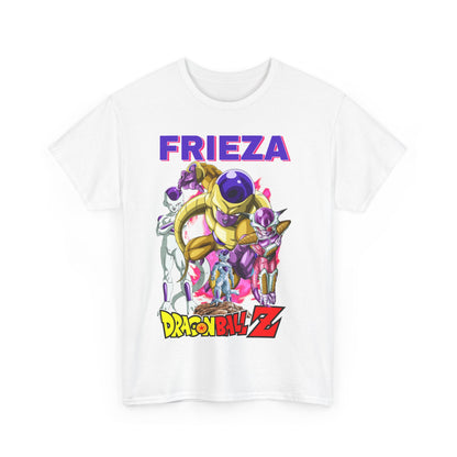 Luxurious Dragon Ball Z Frieza T-shirt featuring a vibrant graphic design showcasing Frieza and allies, perfect for anime enthusiasts and high-end fashion.