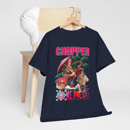 Stylishly arranged navy blue men's t-shirt with anime graphics of Chopper, complemented by a chic white cap on a wooden chair.