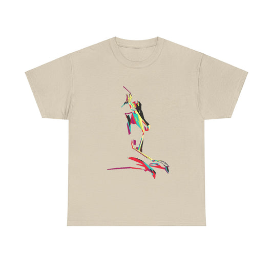 Exclusive unisex beige tee showcasing a striking graphic design, blending playful art with modern elegance, ideal for casual gatherings and fashion-forward styling.