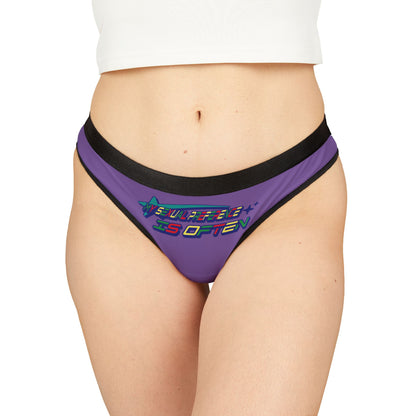 Luxury women's thong panties featuring a bold graphic design that reads 'MY SEXUAL PREFERENCE IS OFTEN'. Crafted from silky, stretchy fabric in a vibrant purple hue, complemented by black lace trim for added elegance.